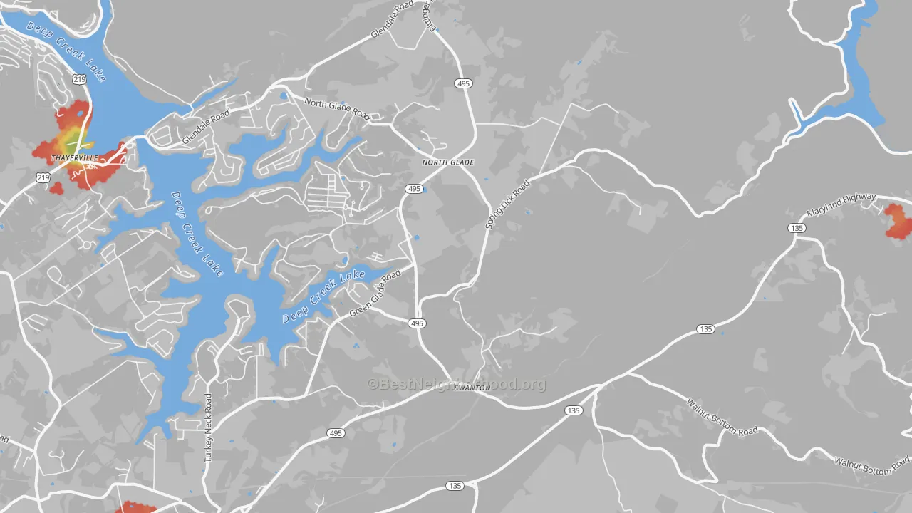 Walk Grade map of Swanton, MD, walkable areas in green and car-dependent areas in red