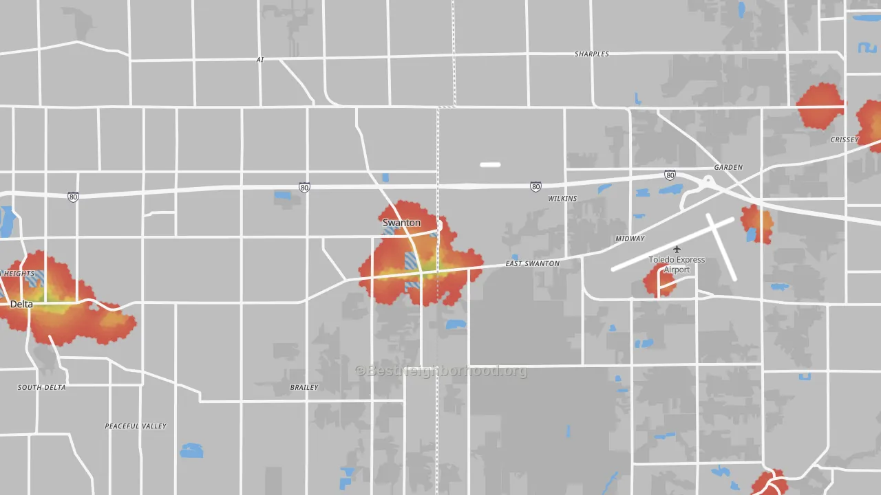 Walk Grade map of Swanton, OH, walkable areas in green and car-dependent areas in red