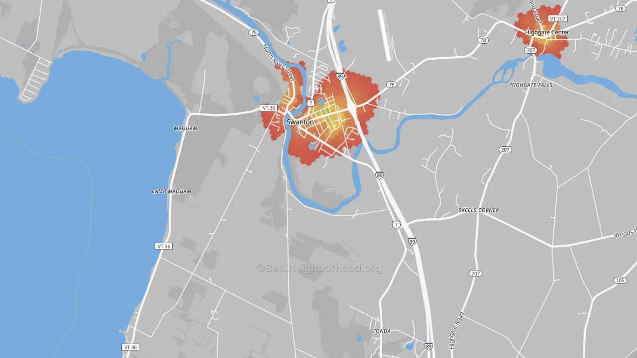 Walk Grade map of Swanton, VT, walkable areas in green and car-dependent areas in red