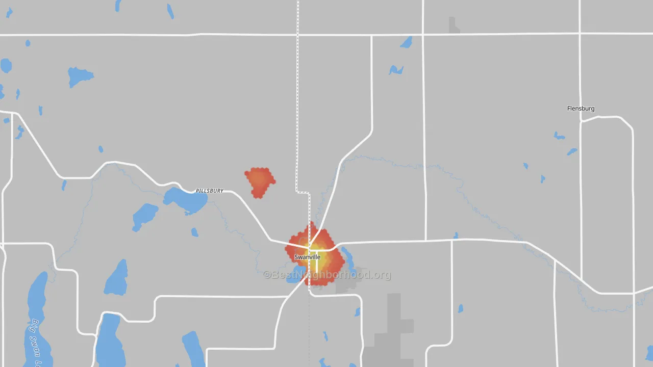 Walk Grade map of Swanville, MN, walkable areas in green and car-dependent areas in red