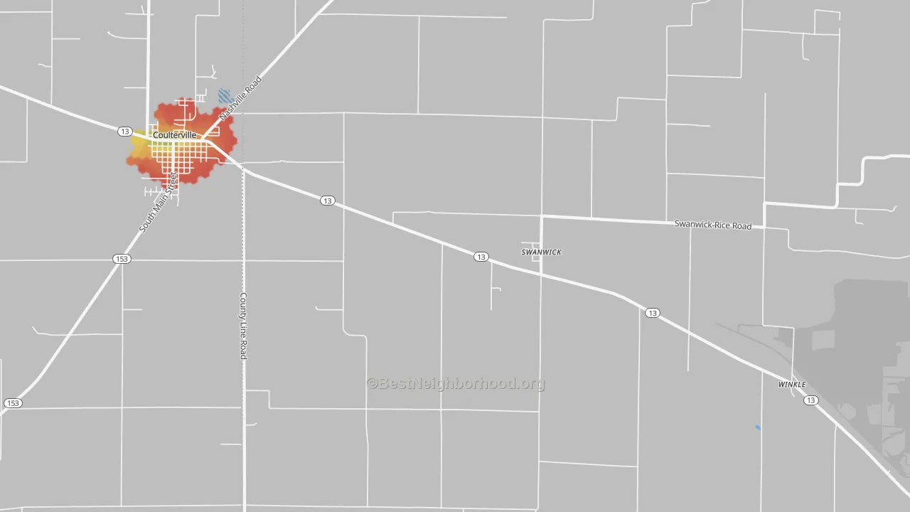 Walk Grade map of Swanwick, IL, walkable areas in green and car-dependent areas in red