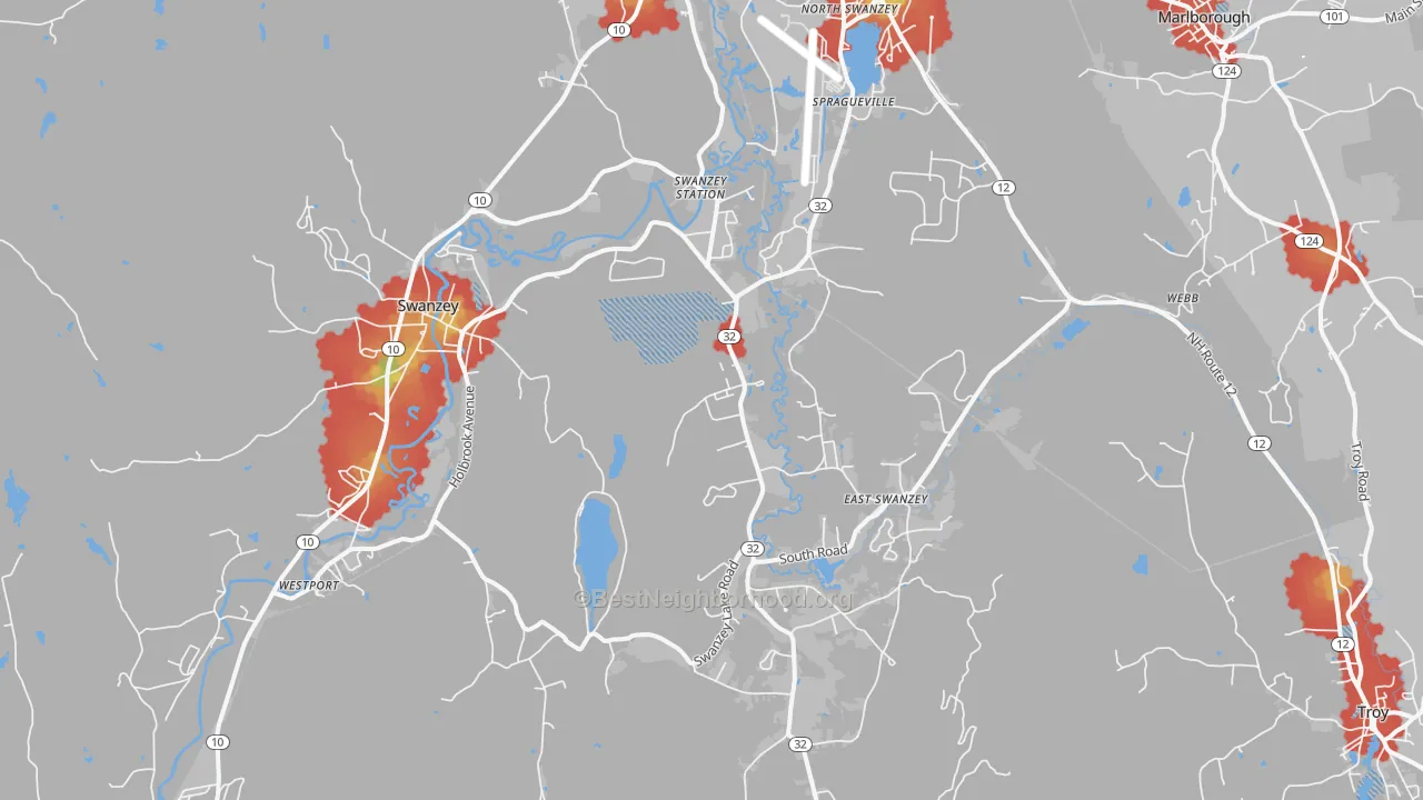Walk Grade map of Swanzey, NH, walkable areas in green and car-dependent areas in red