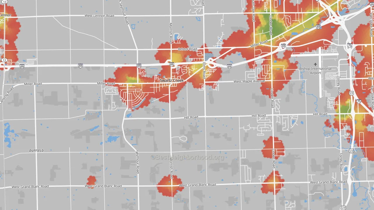 Walk Grade map of Swartz Creek, MI, walkable areas in green and car-dependent areas in red