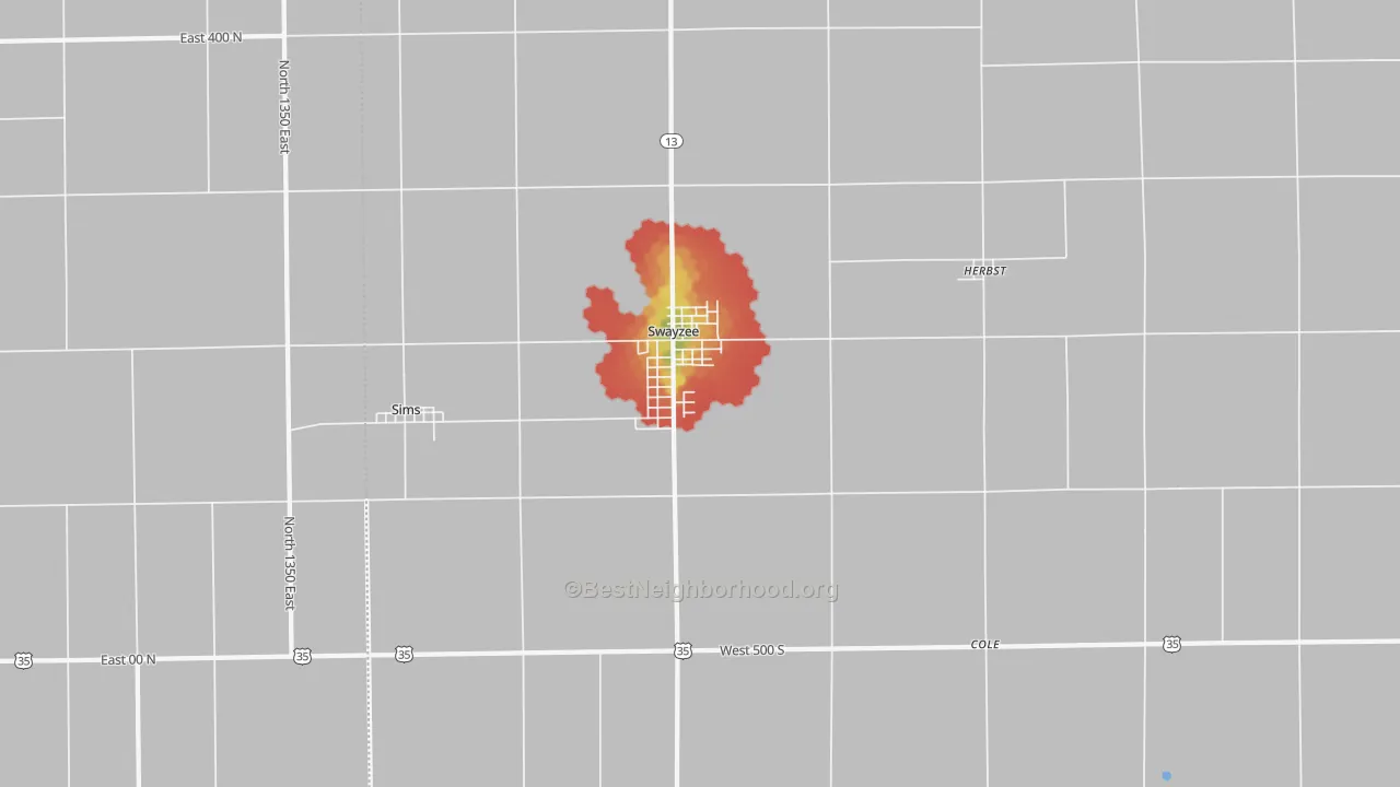 Walk Grade map of Swayzee, IN, walkable areas in green and car-dependent areas in red