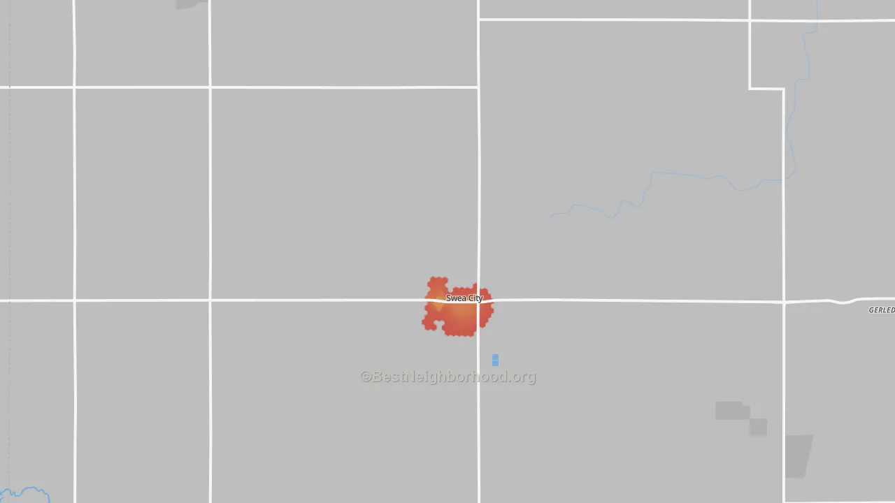 Walk Grade map of Swea City, IA, walkable areas in green and car-dependent areas in red