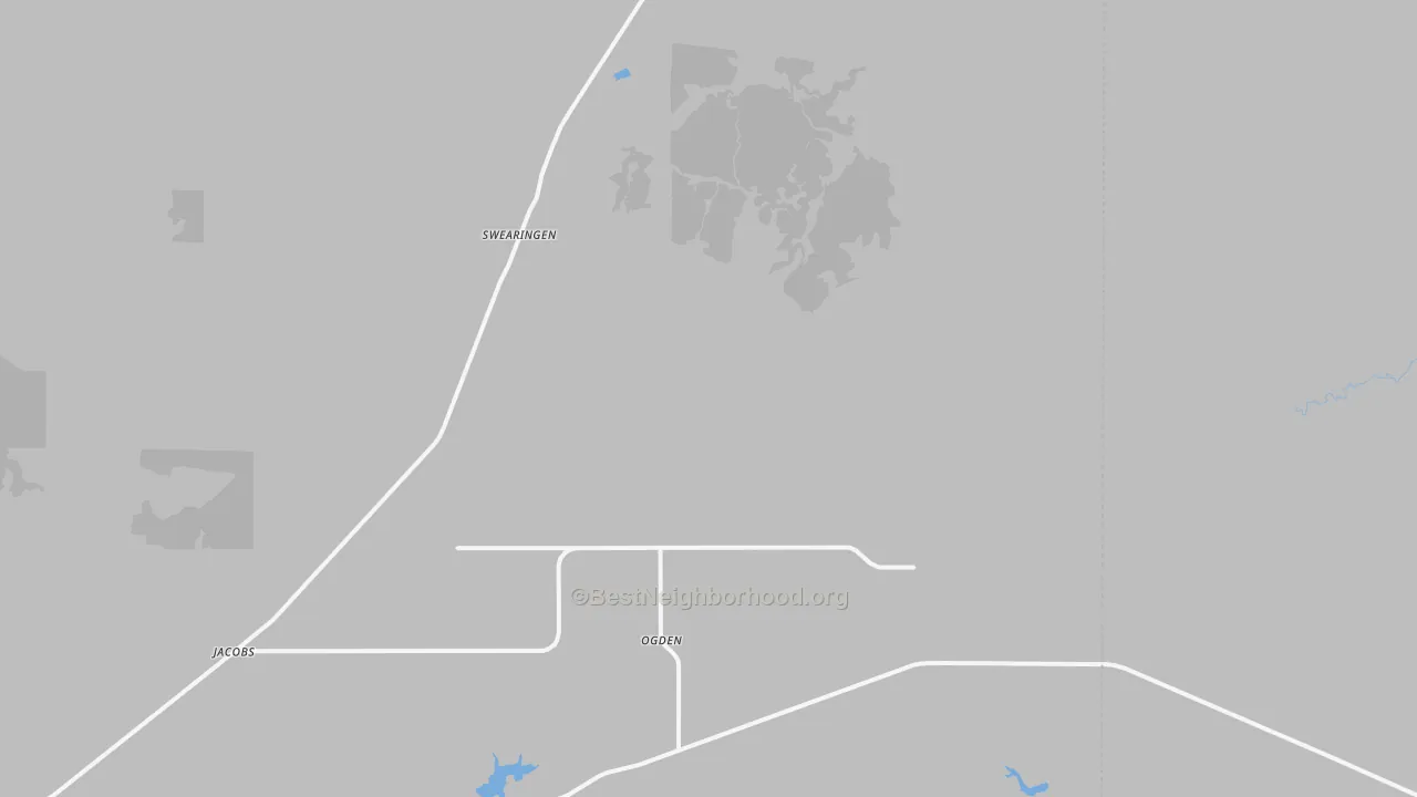Walk Grade map of Swearingen, TX, walkable areas in green and car-dependent areas in red
