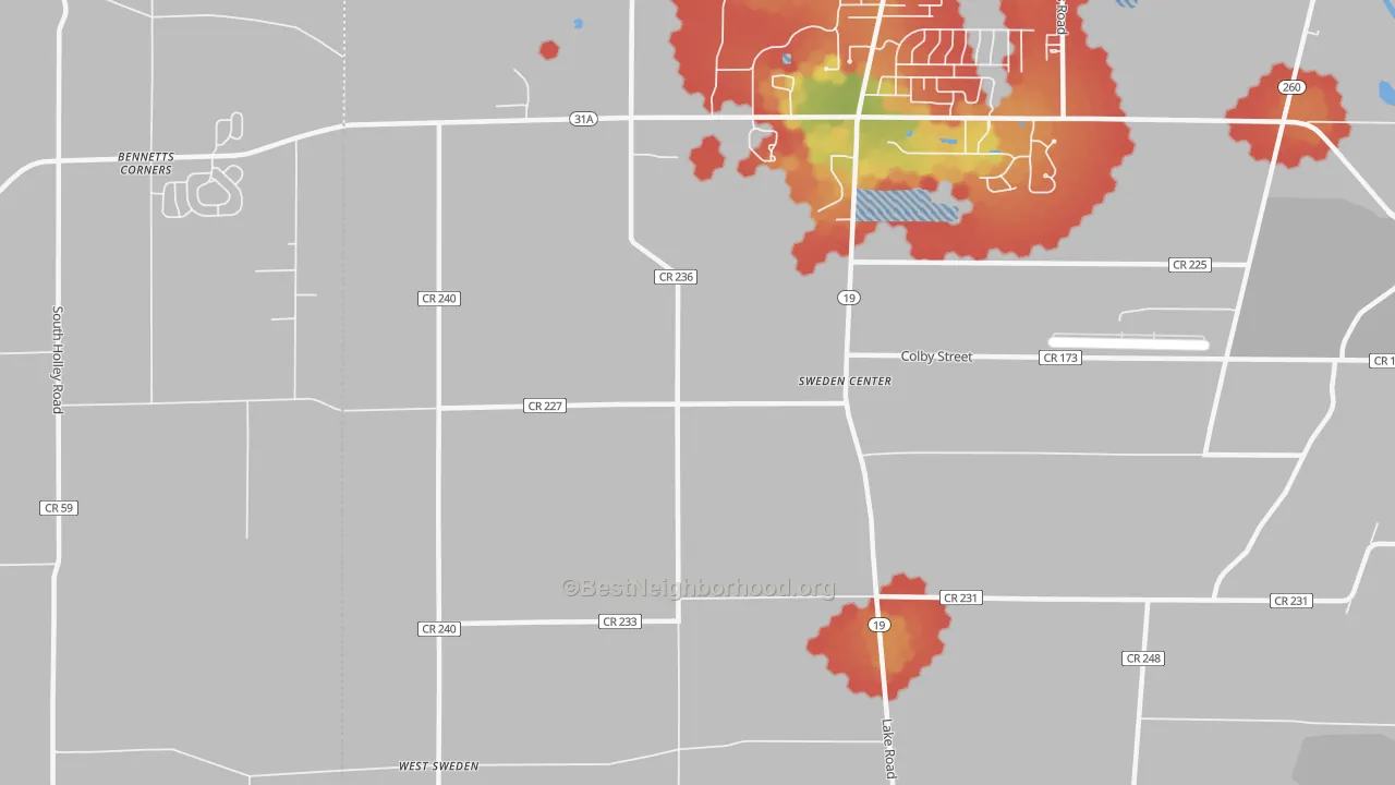 Walk Grade map of Sweden Center, NY, walkable areas in green and car-dependent areas in red