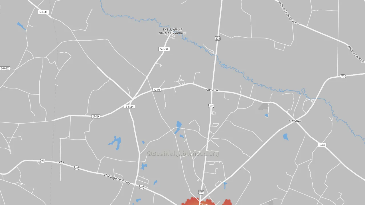 Walk Grade map of Sweden, SC, walkable areas in green and car-dependent areas in red
