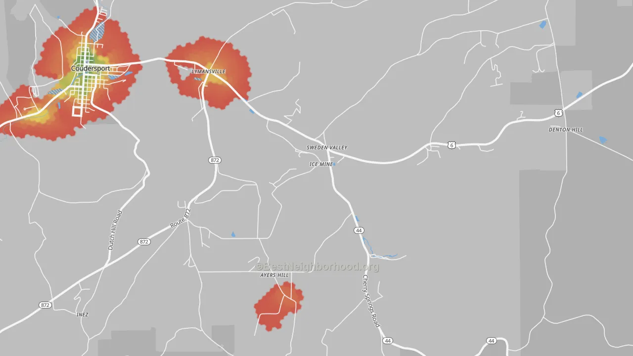 Walk Grade map of Sweden Valley, PA, walkable areas in green and car-dependent areas in red