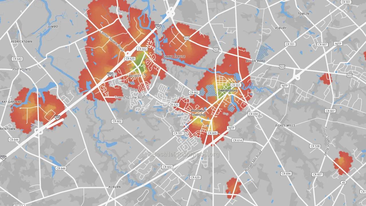 Walk Grade map of Swedesboro, NJ, walkable areas in green and car-dependent areas in red