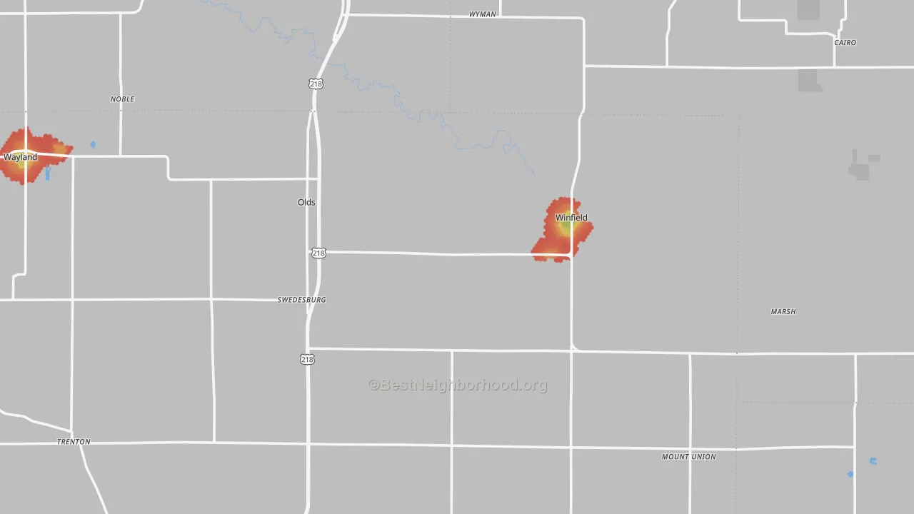 Walk Grade map of Swedesburg, IA, walkable areas in green and car-dependent areas in red