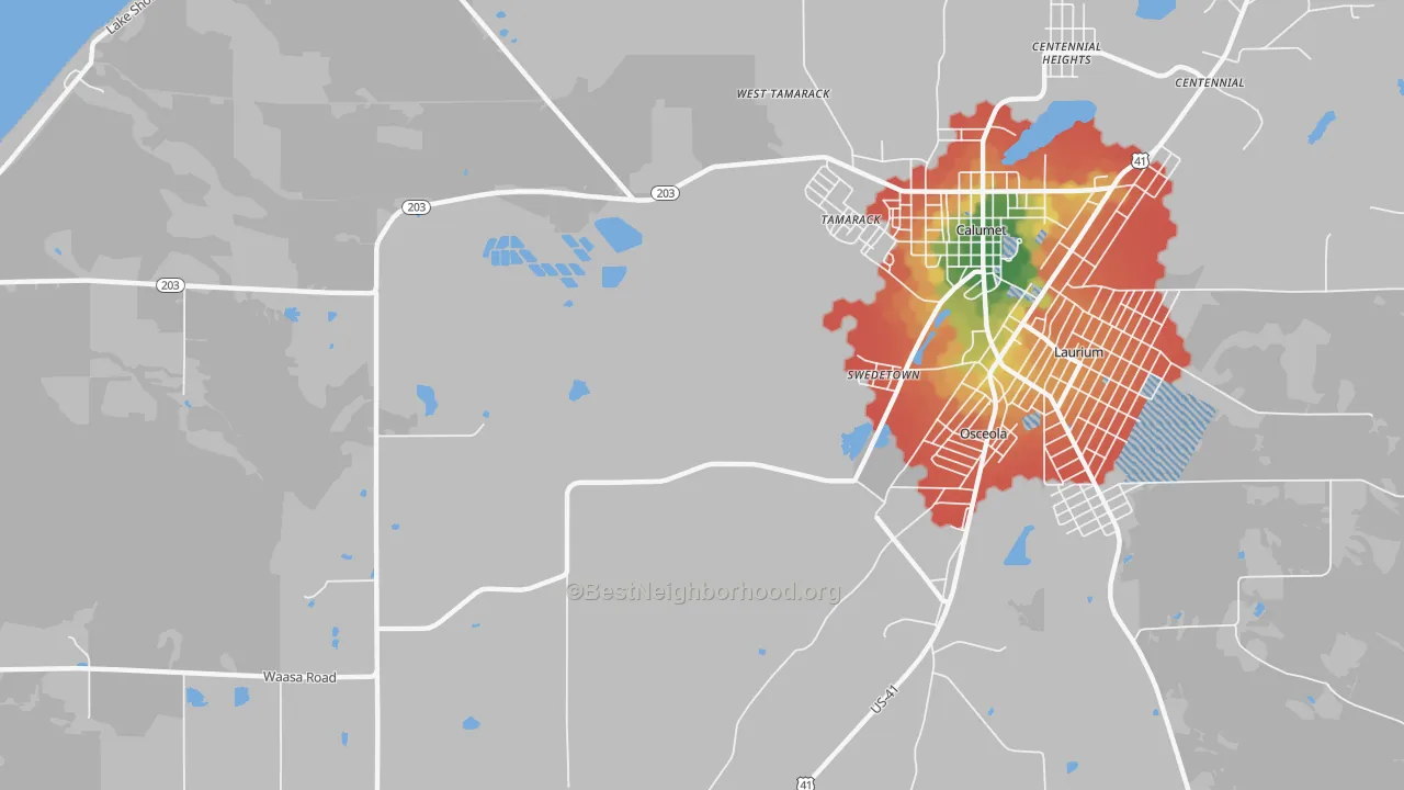 Walk Grade map of Swedetown, MI, walkable areas in green and car-dependent areas in red