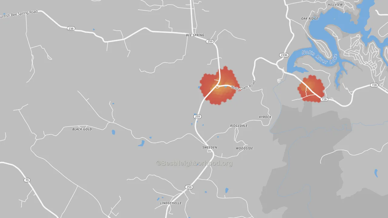 Walk Grade map of Sweeden, KY, walkable areas in green and car-dependent areas in red