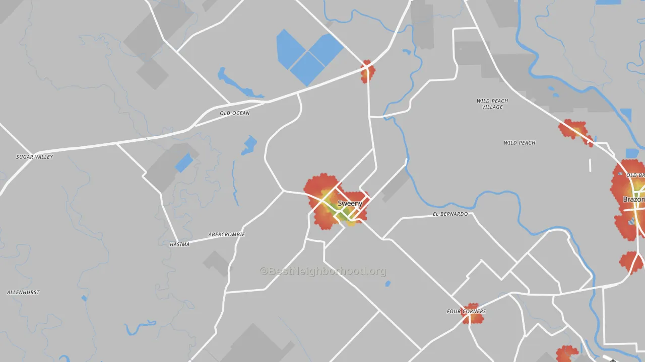 Walk Grade map of Sweeny, TX, walkable areas in green and car-dependent areas in red