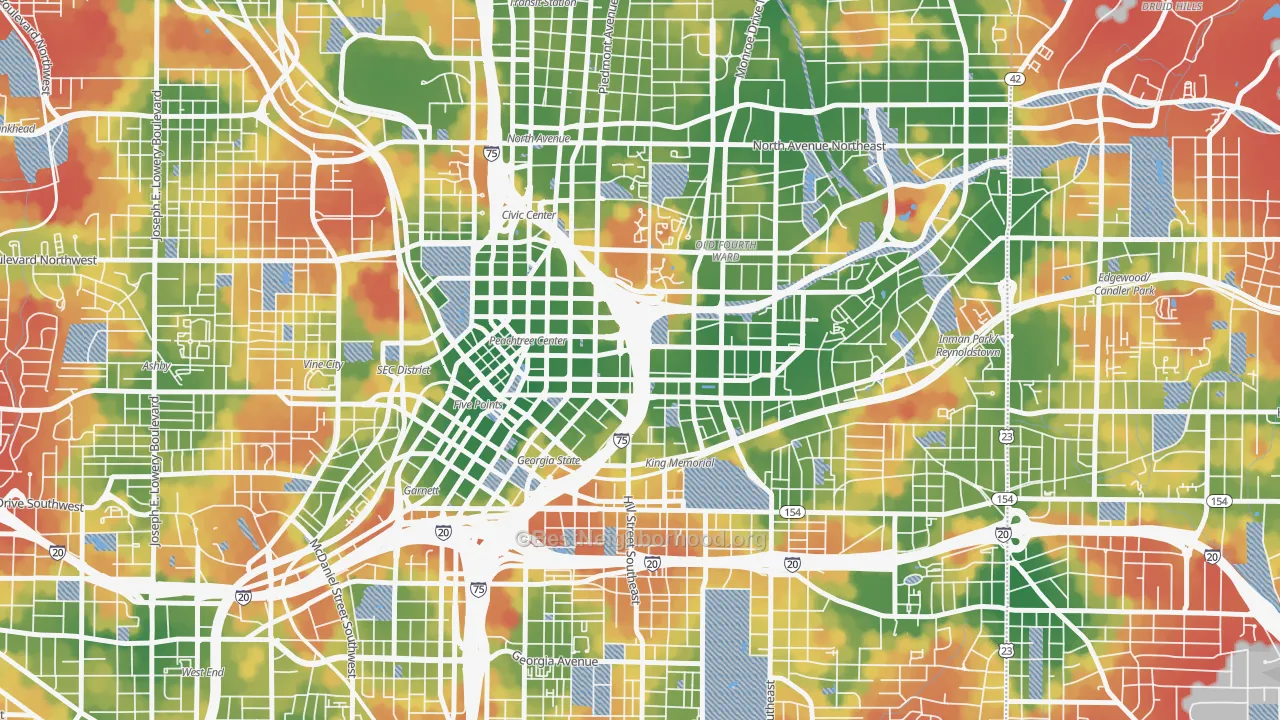 Walk Grade map of Sweet Auburn, Atlanta, GA, walkable areas in green and car-dependent areas in red