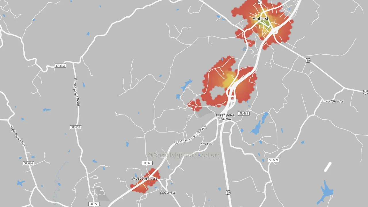 Walk Grade map of Sweet Briar, VA, walkable areas in green and car-dependent areas in red