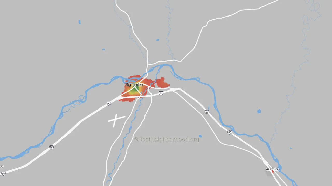 Walk Grade map of Sweet Grass County, MT, walkable areas in green and car-dependent areas in red