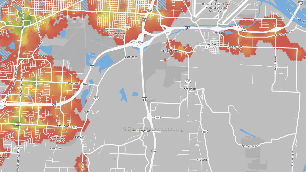 Walk Grade map of Sweet Home, AR, walkable areas in green and car-dependent areas in red