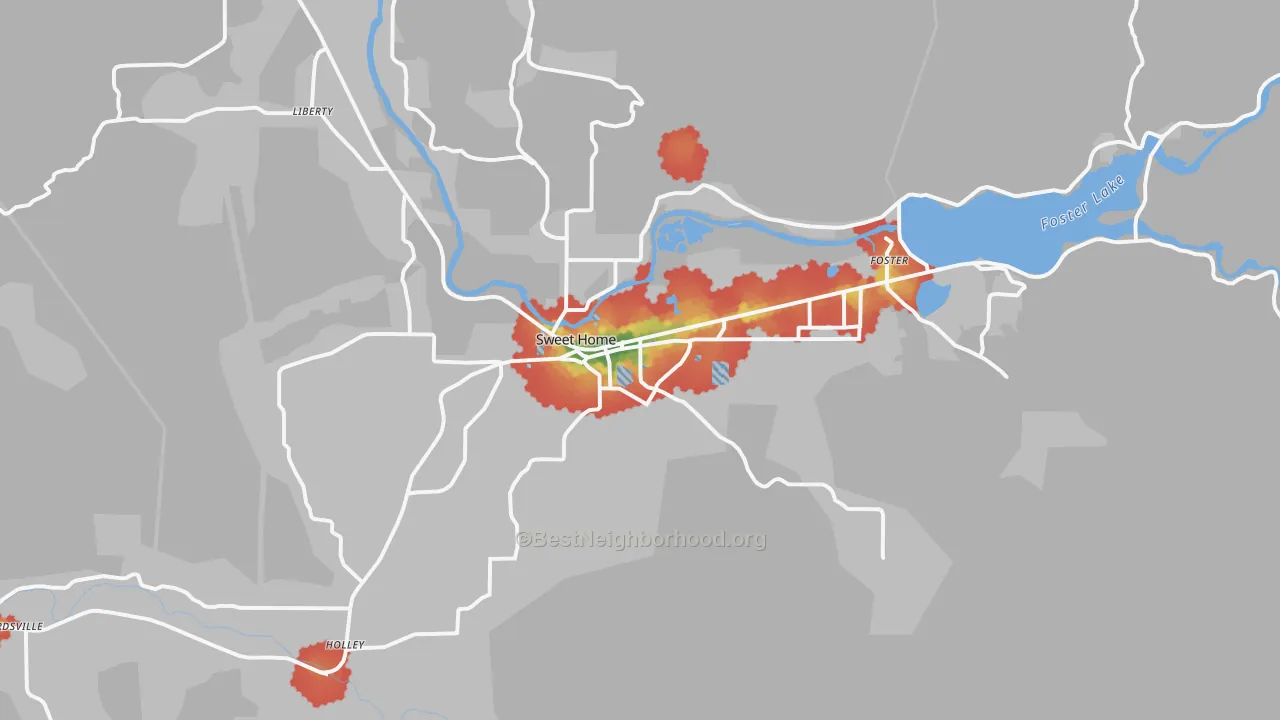 Walk Grade map of Sweet Home, OR, walkable areas in green and car-dependent areas in red