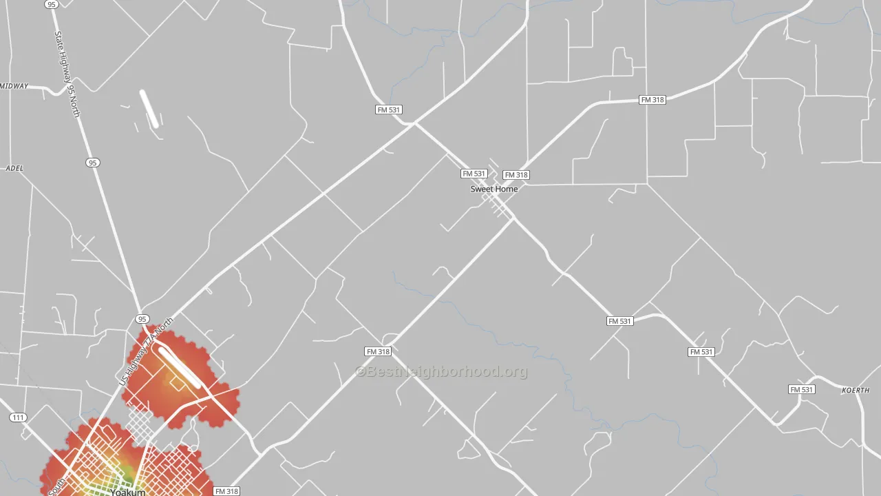 Walk Grade map of Sweet Home, TX, walkable areas in green and car-dependent areas in red