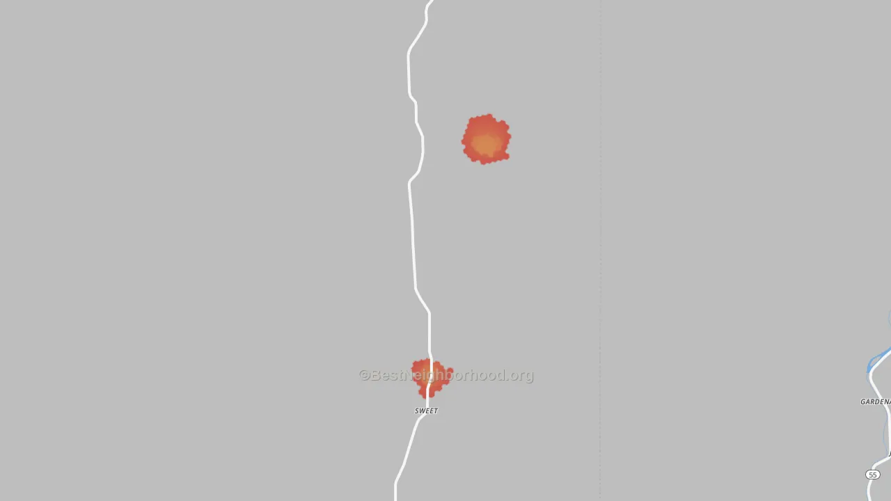 Walk Grade map of Sweet, ID, walkable areas in green and car-dependent areas in red