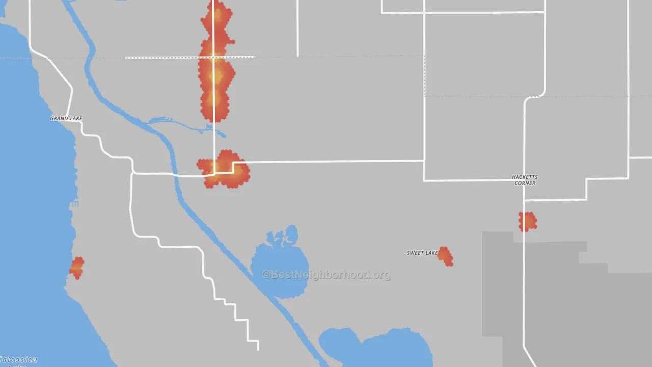 Walk Grade map of Sweet Lake, LA, walkable areas in green and car-dependent areas in red