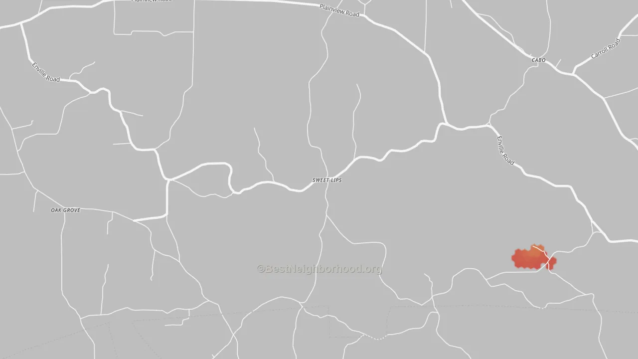 Walk Grade map of Sweet Lips, TN, walkable areas in green and car-dependent areas in red