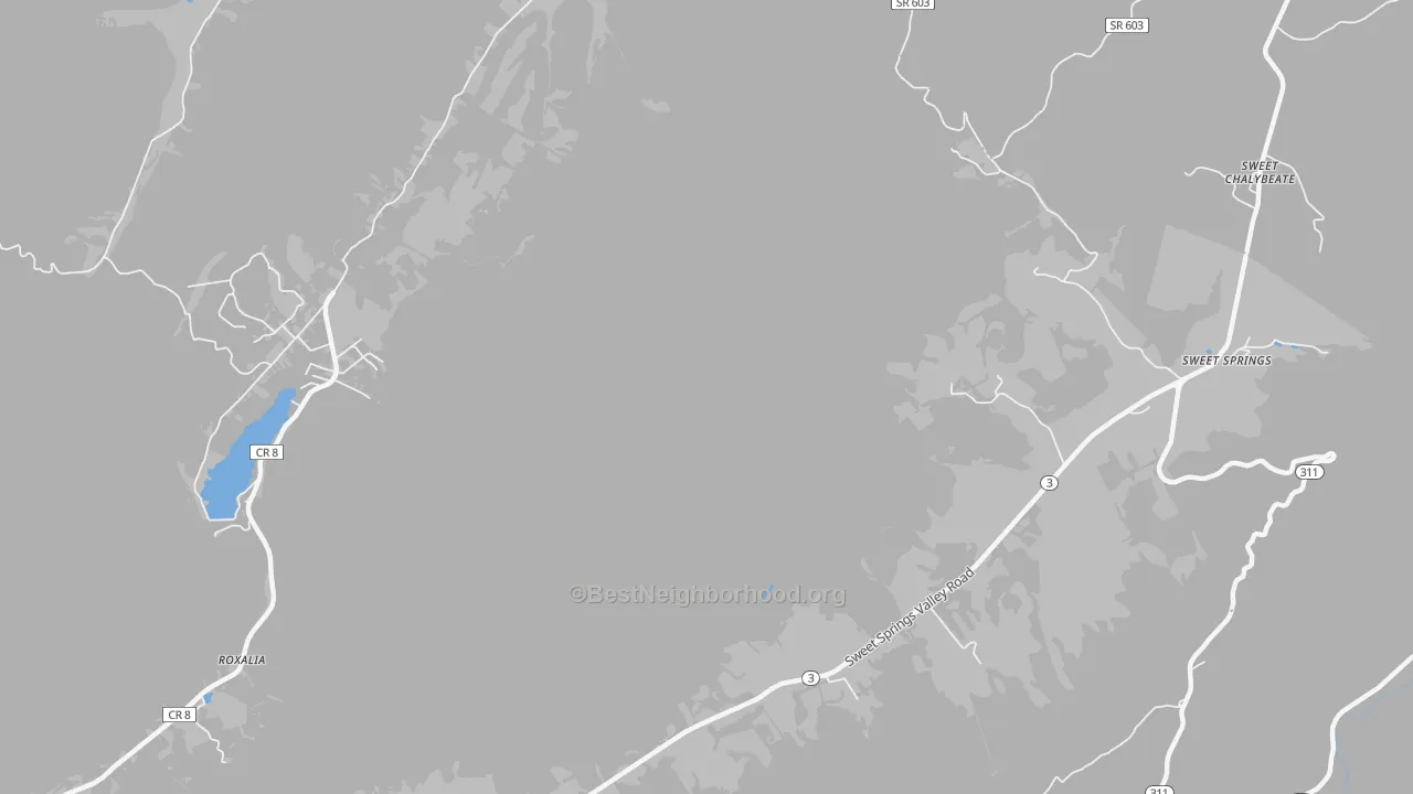 Walk Grade map of Sweet Springs, WV, walkable areas in green and car-dependent areas in red