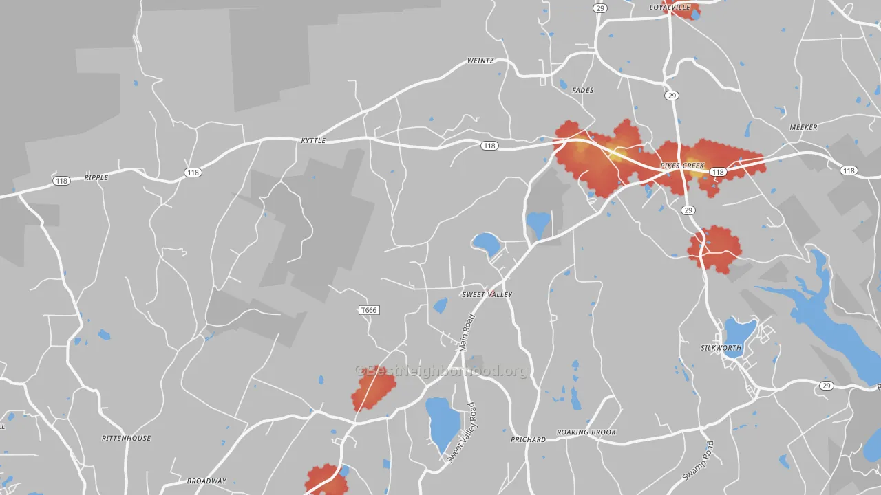 Walk Grade map of Sweet Valley, PA, walkable areas in green and car-dependent areas in red
