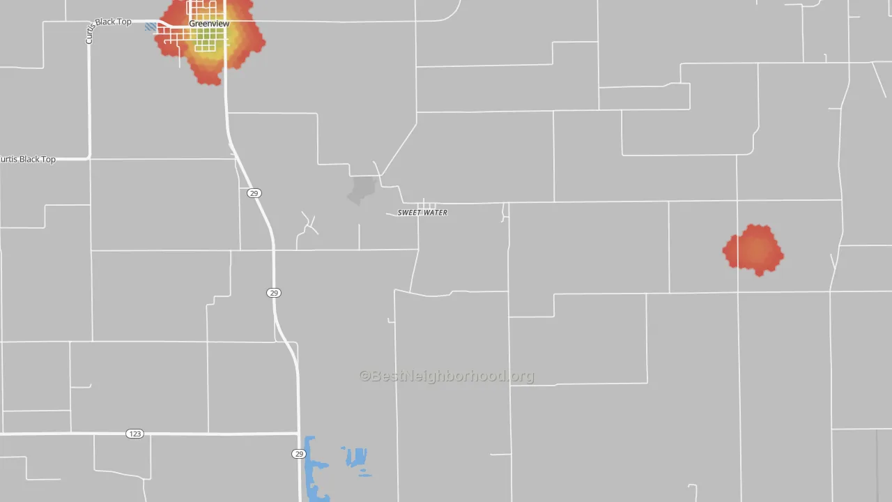 Walk Grade map of Sweet Water, IL, walkable areas in green and car-dependent areas in red