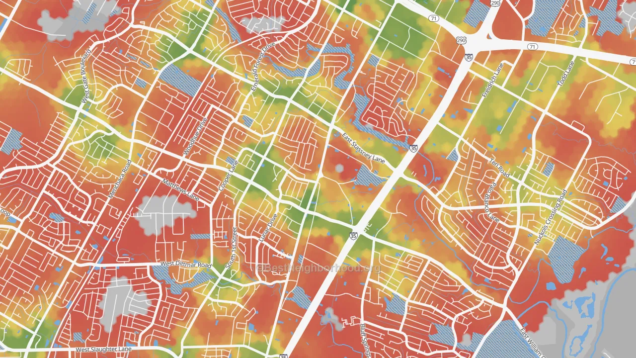 Walk Grade map of Sweetbriar, Austin, TX, walkable areas in green and car-dependent areas in red
