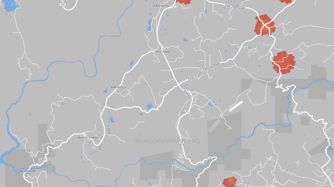 Walk Grade map of Sweetland, CA, walkable areas in green and car-dependent areas in red