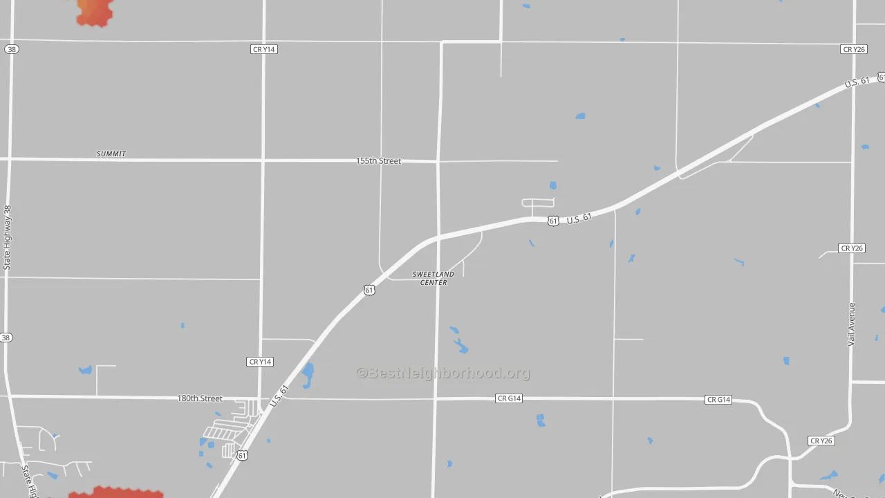 Walk Grade map of Sweetland Center, IA, walkable areas in green and car-dependent areas in red