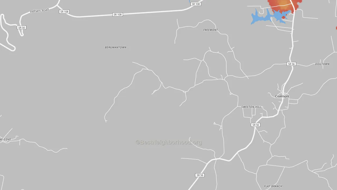 Walk Grade map of Sweeton Hill, TN, walkable areas in green and car-dependent areas in red