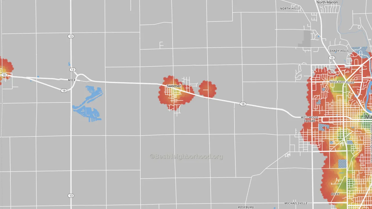 Walk Grade map of Sweetser, IN, walkable areas in green and car-dependent areas in red