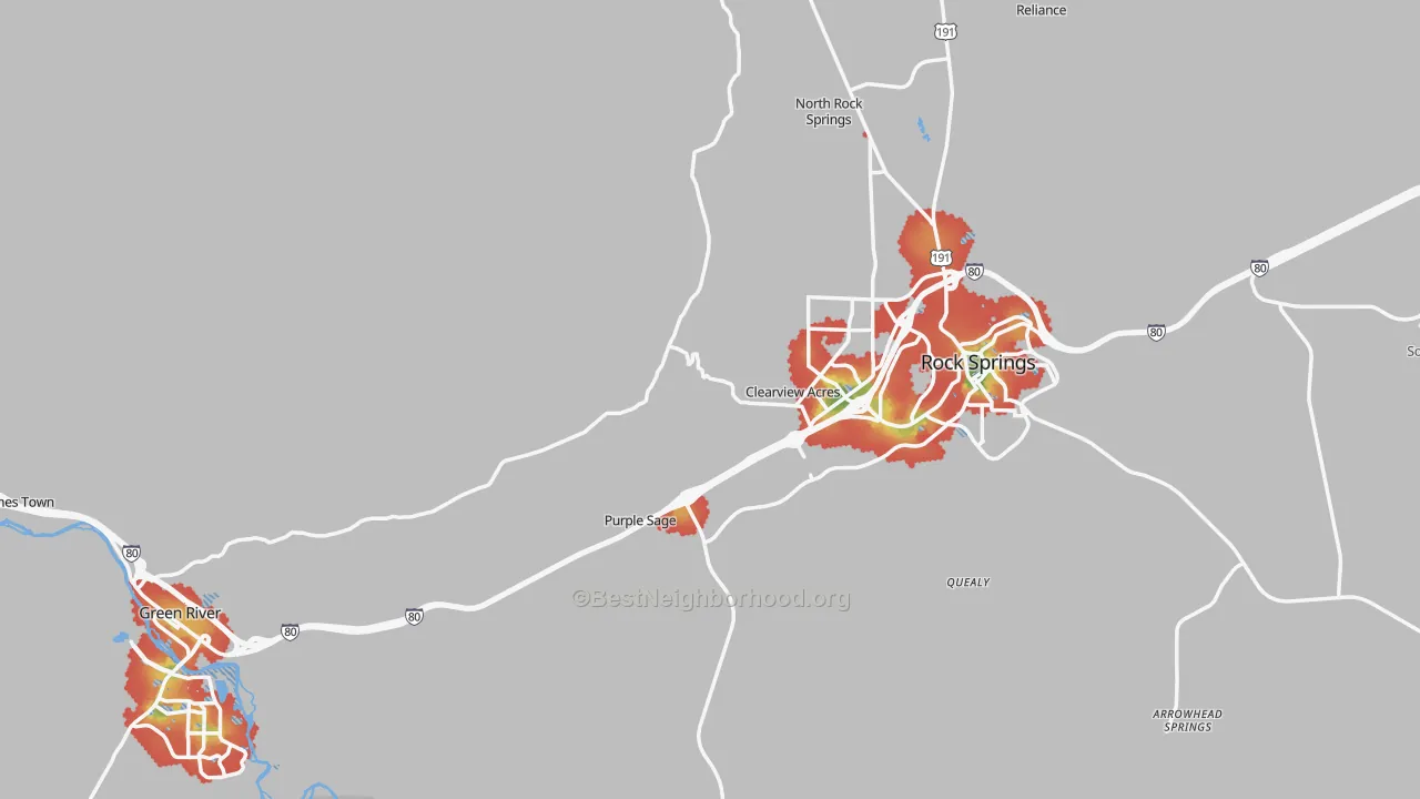 Walk Grade map of Sweetwater County, WY, walkable areas in green and car-dependent areas in red