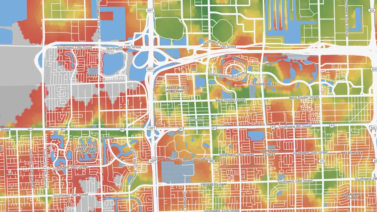 Walk Grade map of Sweetwater, FL, walkable areas in green and car-dependent areas in red