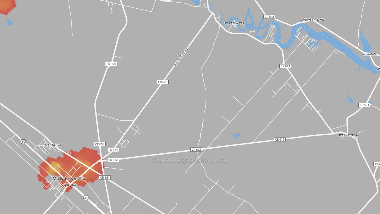 Walk Grade map of Sweetwater, NJ, walkable areas in green and car-dependent areas in red