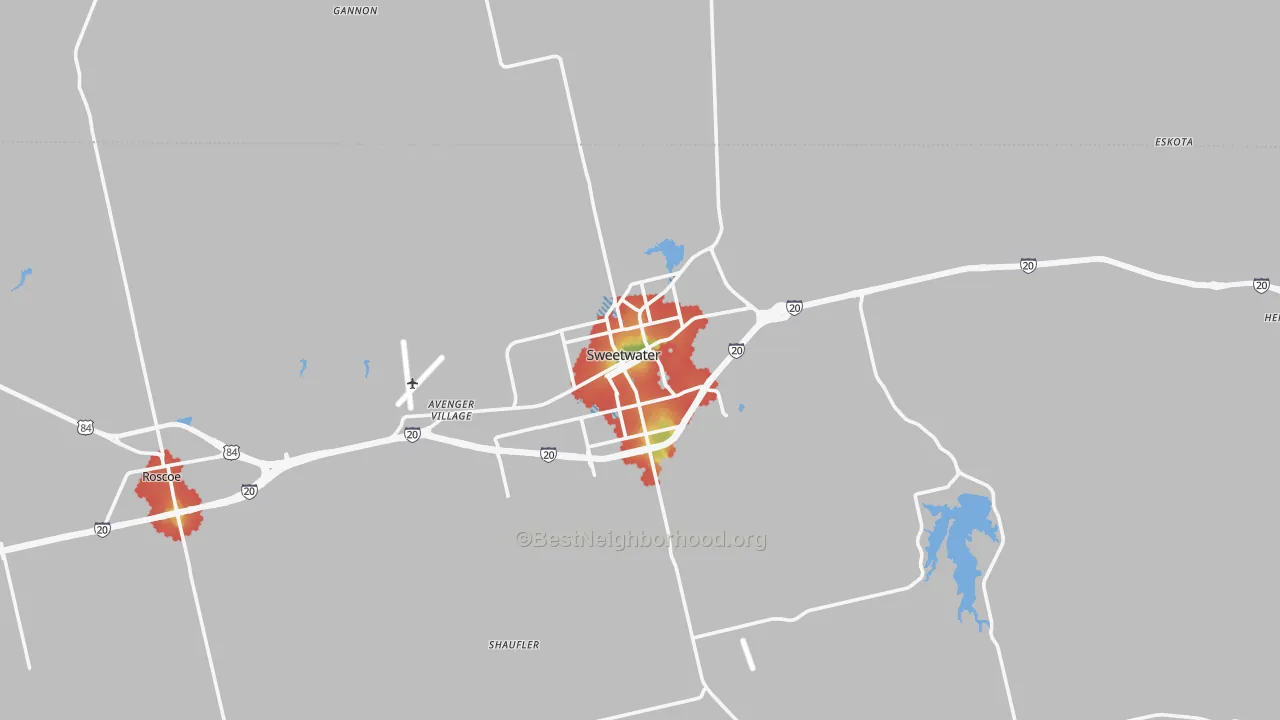 Walk Grade map of Sweetwater, TX, walkable areas in green and car-dependent areas in red