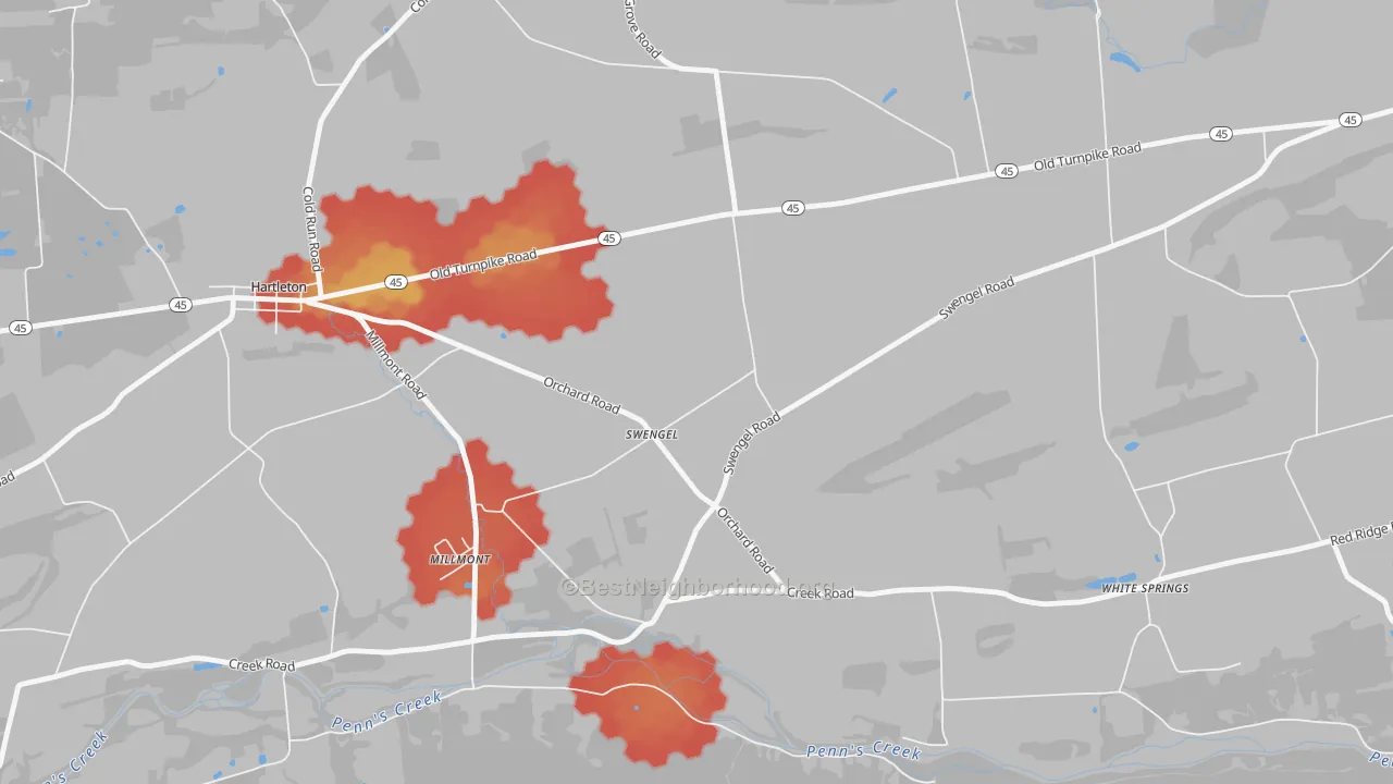 Walk Grade map of Swengel, PA, walkable areas in green and car-dependent areas in red