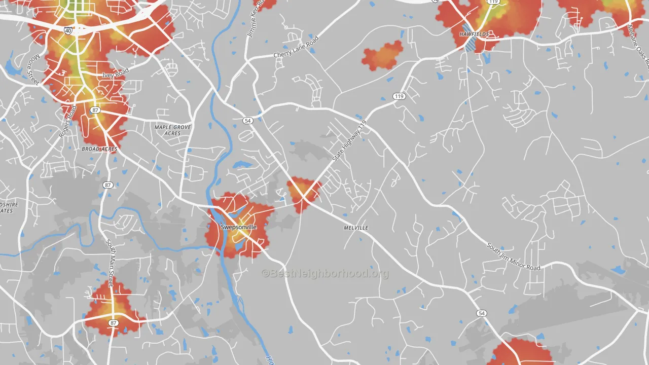 Walk Grade map of Swepsonville, NC, walkable areas in green and car-dependent areas in red