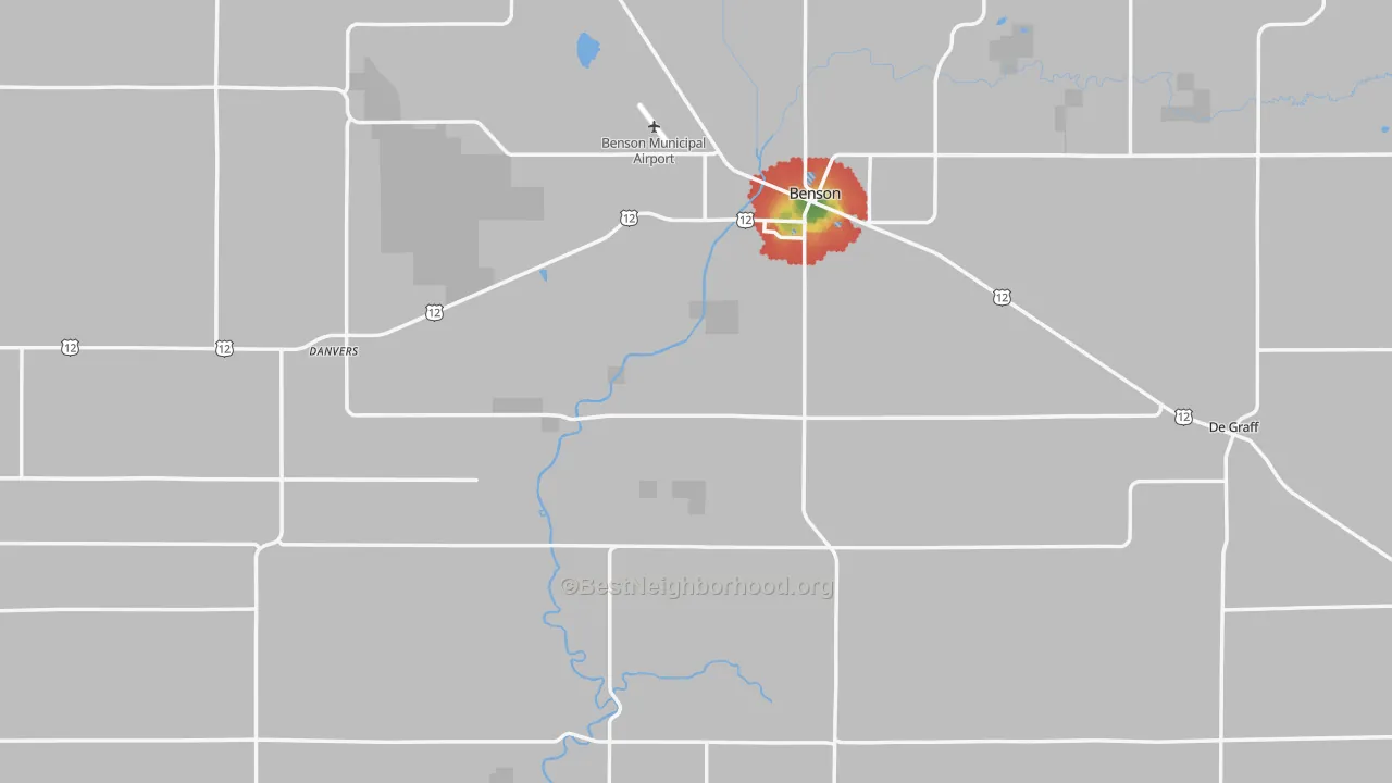 Walk Grade map of Swift County, MN, walkable areas in green and car-dependent areas in red
