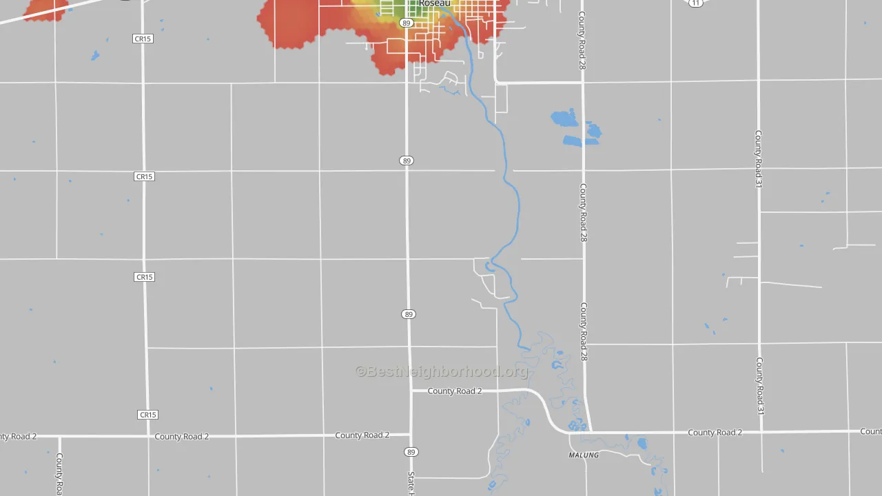 Walk Grade map of Swift, MN, walkable areas in green and car-dependent areas in red