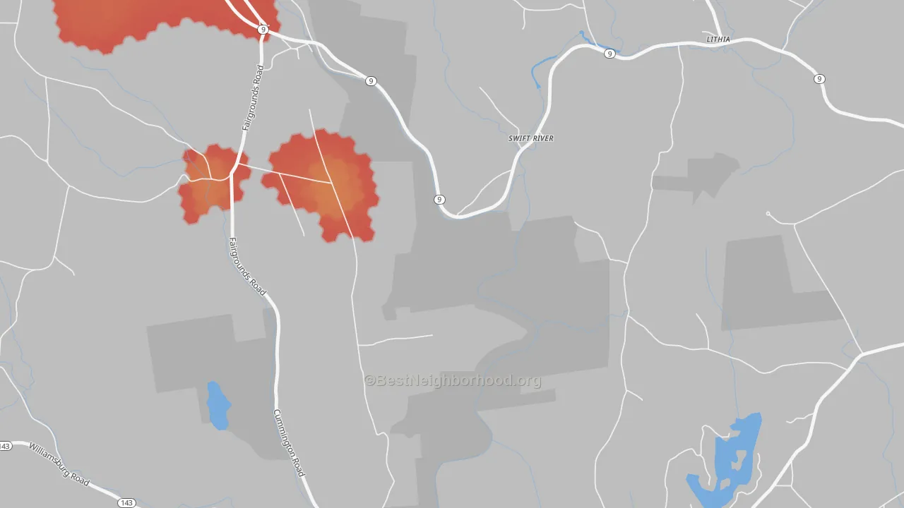 Walk Grade map of Swift River, MA, walkable areas in green and car-dependent areas in red