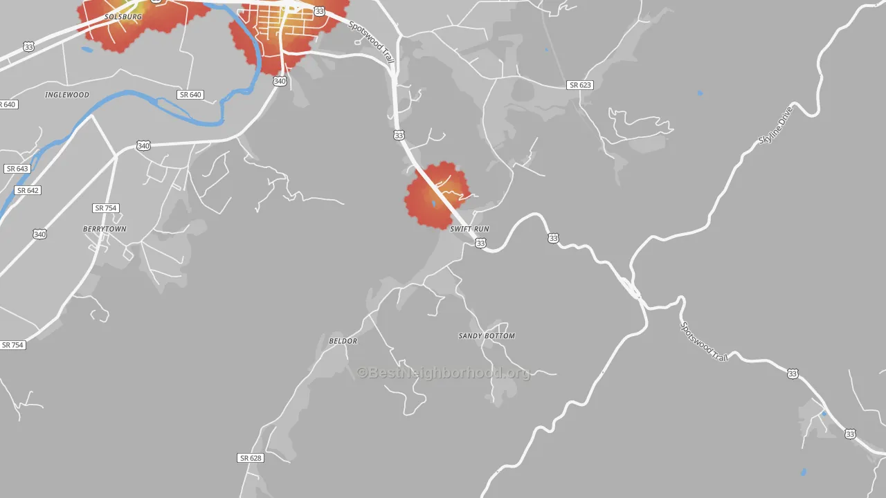 Walk Grade map of Swift Run, VA, walkable areas in green and car-dependent areas in red