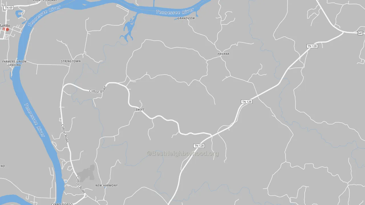 Walk Grade map of Swift, TN, walkable areas in green and car-dependent areas in red