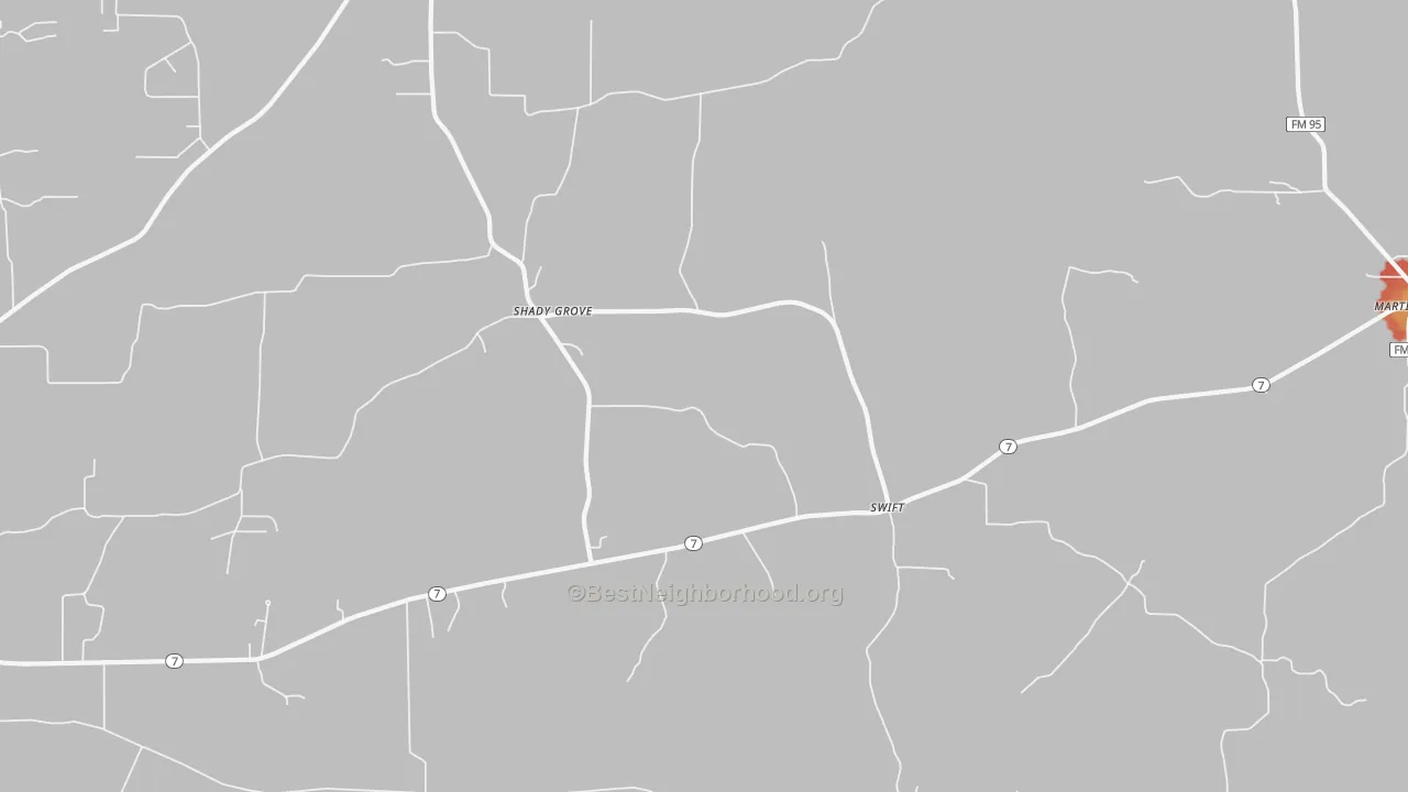 Walk Grade map of Swift, TX, walkable areas in green and car-dependent areas in red