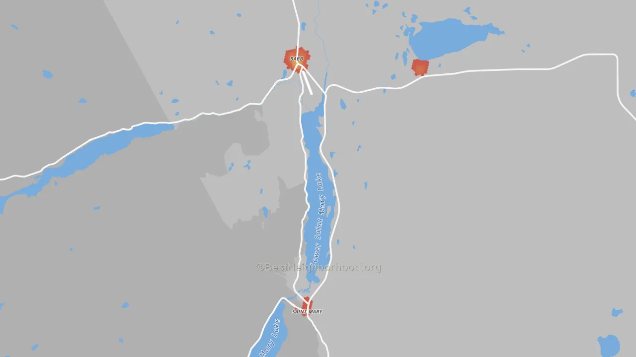 Walk Grade map of Swiftcurrent, MT, walkable areas in green and car-dependent areas in red