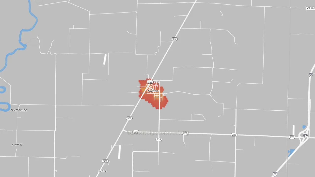 Walk Grade map of Swifton, AR, walkable areas in green and car-dependent areas in red