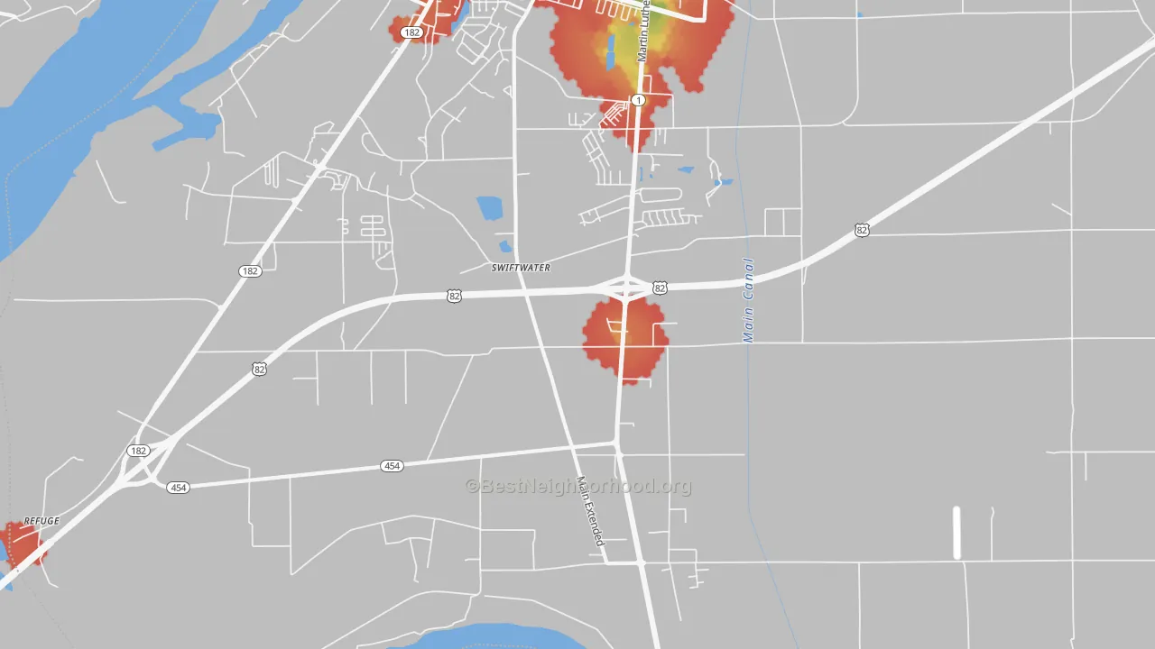 Walk Grade map of Swiftwater, MS, walkable areas in green and car-dependent areas in red